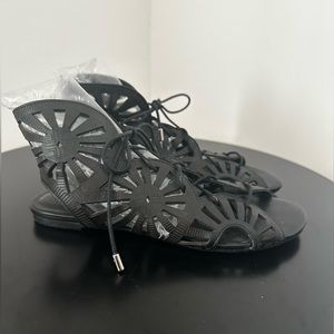 Joie Laser Cut Black Leather Lace Up Ankle Sandals